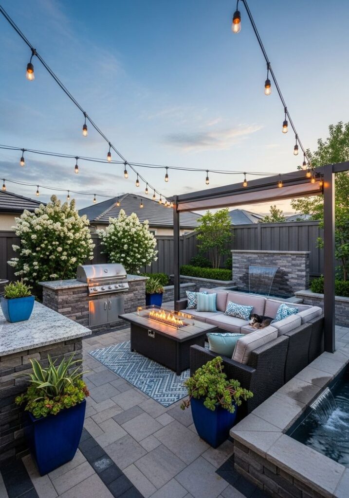 Cozy outdoor patio with string lights, cozy seating, fire pit, grill, and lush greenery. Ideal for relaxing or entertaining guests.