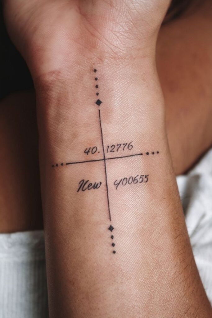 Creative Tattoo Ideas for Females Minimalist wrist tattoo featuring coordinates and the word New, symbolizing a location or personal significance in fine black ink. | Sky Rye Design Minimalist wrist tattoo featuring coordinates and the word New, symbolizing a location or personal significance in fine black ink.
