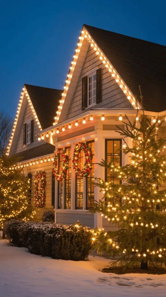 Cozy house adorned with colorful Christmas lights and wreaths, set against a snowy evening backdrop, exuding festive holiday warmth.