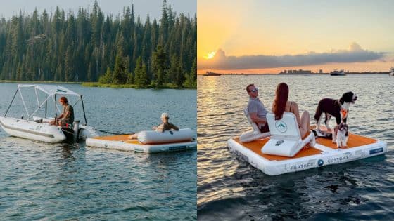 Creative Ways to Use an Inflatable Dock for Recreation and Relaxation People enjoying a peaceful day on inflatable boats and docks in scenic lake settings, with pets onboard, during sunrise and sunset. | Sky Rye Design People enjoying a peaceful day on inflatable boats and docks in scenic lake settings, with pets onboard, during sunrise and sunset.