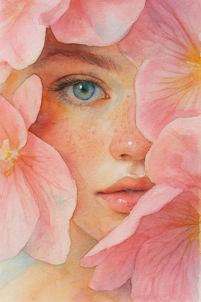 Creative design of watercolor Watercolor portrait of a woman with blue eyes, surrounded by pink flowers, creating a dreamy, artistic floral composition. | Sky Rye Design Watercolor portrait of a woman with blue eyes, surrounded by pink flowers, creating a dreamy, artistic floral composition.