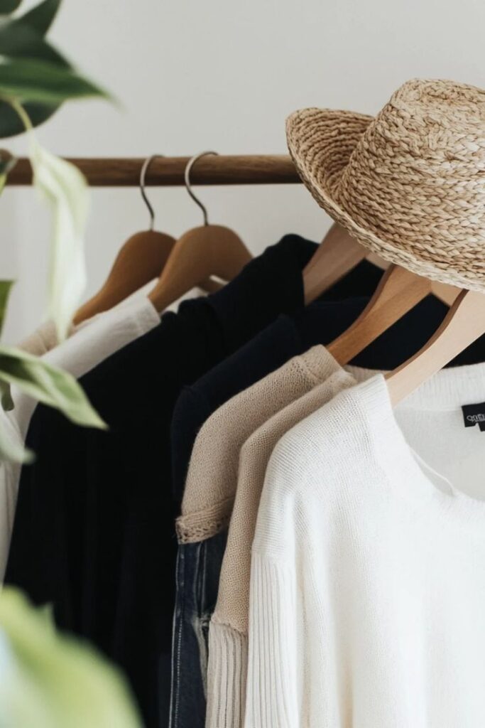 Neutral-colored sweaters on hangers with a straw hat, highlighting a minimalist wardrobe in a bright, natural setting.