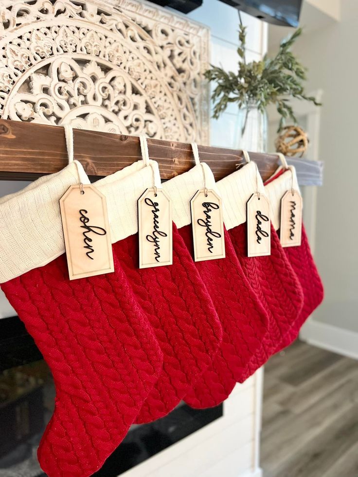 Custom Made Stocking Tags - Personalized Stocking Tags - Printed Holiday Tags - Laser Cut Name Tags - Christmas Stocking Name Tags Red Christmas stockings with name tags hanging on a decorated mantelpiece. | Sky Rye Design Red Christmas stockings with name tags hanging on a decorated mantelpiece.