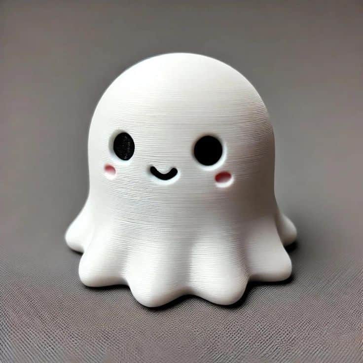 Cute 3D-printed ghost figurine with a smiling face, featuring black eyes and a blushing expression on a smooth gray backdrop.