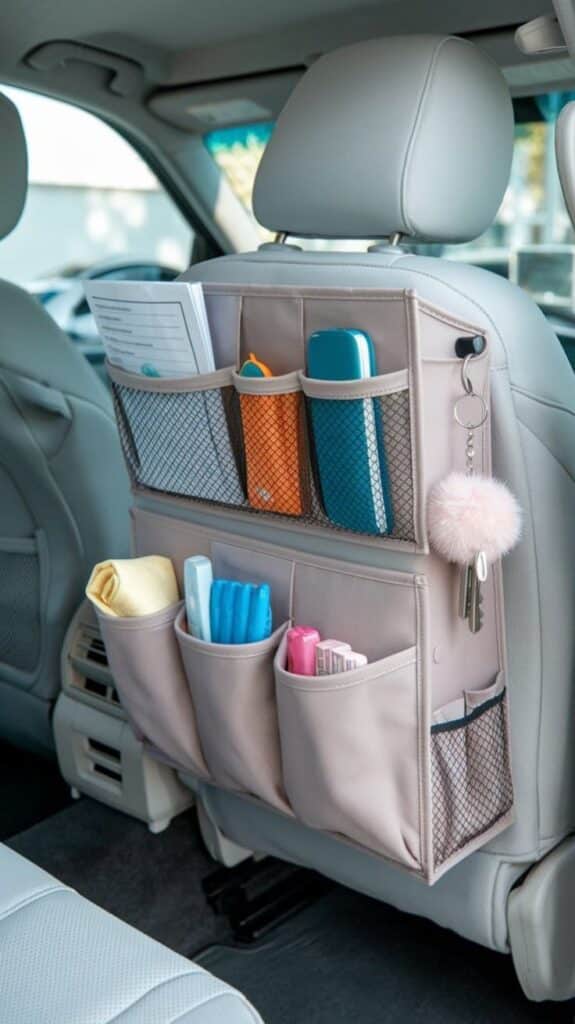 Car backseat organizer with pockets holding drinks, keys, and toiletries for convenient travel storage.