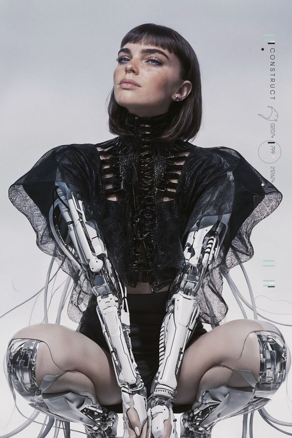 Futuristic woman with cybernetic features, wearing black attire and sitting gracefully, embodying a mix of human and robot aesthetics.