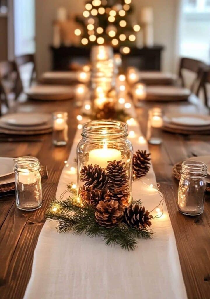 Festive dining table with pinecone and candle centerpiece in jars, warm string lights, and elegant holiday decor for a cozy celebration.