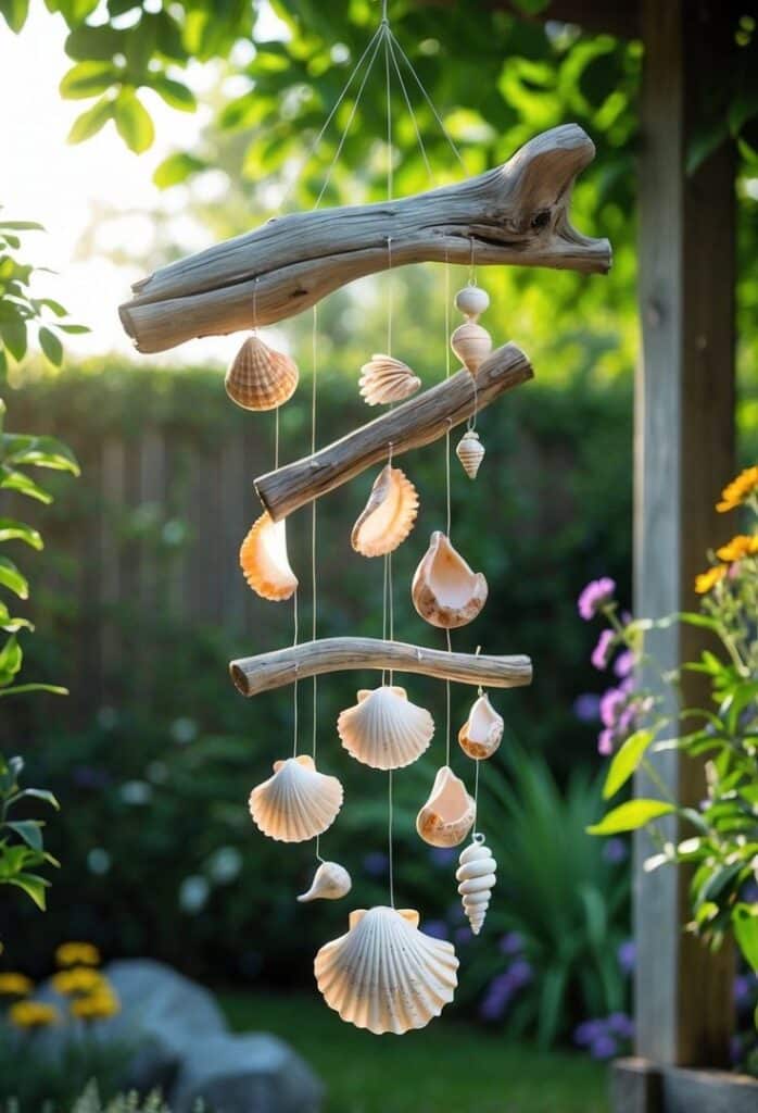 Seashell and driftwood wind chime hanging in a sunny garden, with vibrant flowers and lush greenery in the background.