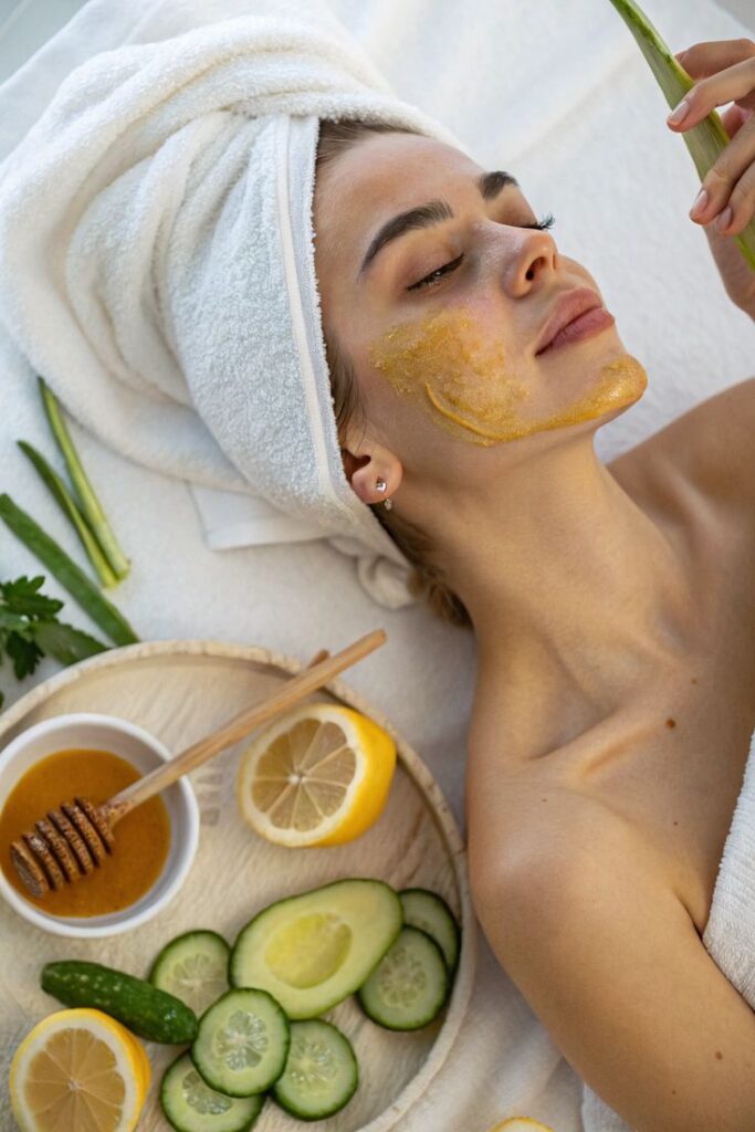 Woman relaxing with natural face mask; surrounded by honey, lemon, and cucumber for spa treatment; self-care and skincare concept.