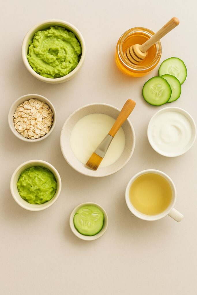 Avocado, honey, oats, cucumber, milk, and tea displayed for DIY skincare recipes. Natural ingredients on a beige background.