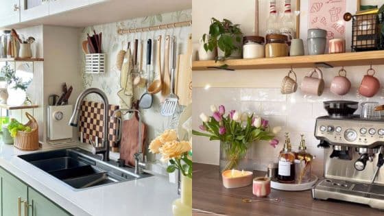 DIY Kitchen Updates That Transform Space Modern kitchen with a dual sink, organized utensils, espresso machine, fresh flowers, and wooden shelves with mugs and jars. | Sky Rye Design Modern kitchen with a dual sink, organized utensils, espresso machine, fresh flowers, and wooden shelves with mugs and jars.