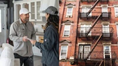 Contractors discussing project plans in a modern kitchen; adjacent to a historic brick apartment building with fire escapes.