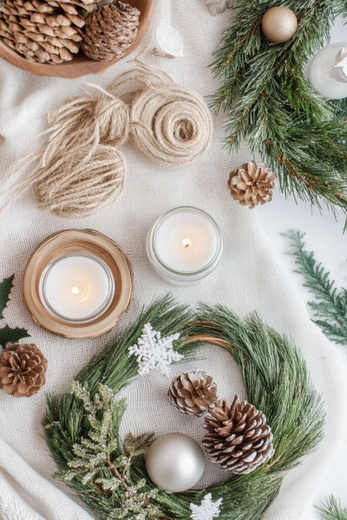 Cozy Christmas decor with pinecones, candles, twine, and wreath on a textured cloth, creating a festive and inviting holiday atmosphere.