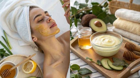 DIY Winter Skin Care Easy Homemade Remedies to Keep Skin Glowing All Season Woman enjoying a spa treatment with a natural honey lemon mask, alongside ingredients like avocado and honey on a wooden tray. | Sky Rye Design Woman enjoying a spa treatment with a natural honey lemon mask, alongside ingredients like avocado and honey on a wooden tray.