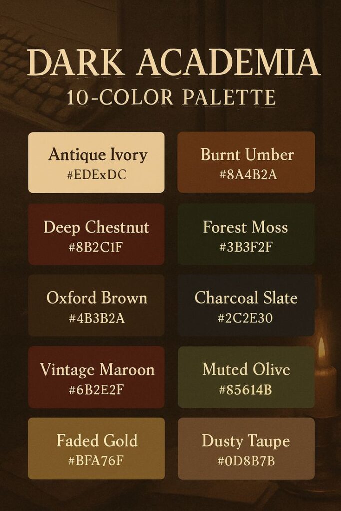 Dark Academia color palette featuring 10 shades: Antique Ivory, Burnt Umber, Deep Chestnut, Forest Moss, Oxford Brown, Charcoal Slate.