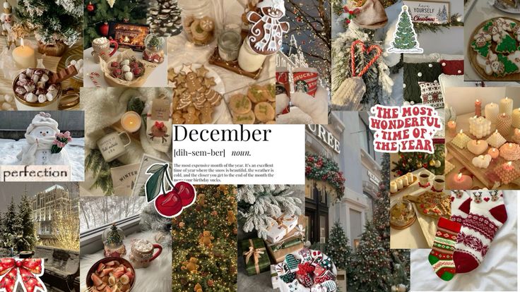 Festive Christmas collage featuring holiday decorations, cookies, stockings, and wintry scenes, capturing the cozy spirit of December.