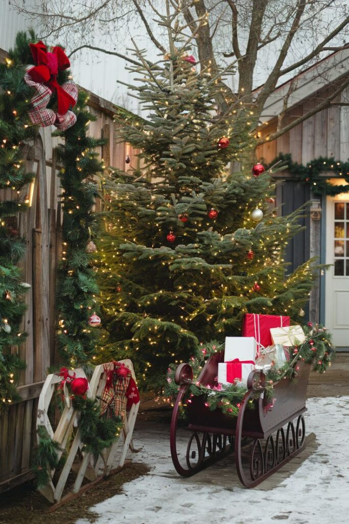 Festive outdoor Christmas scene with a decorated tree and a sleigh filled with colorful presents, surrounded by lights and wreaths.