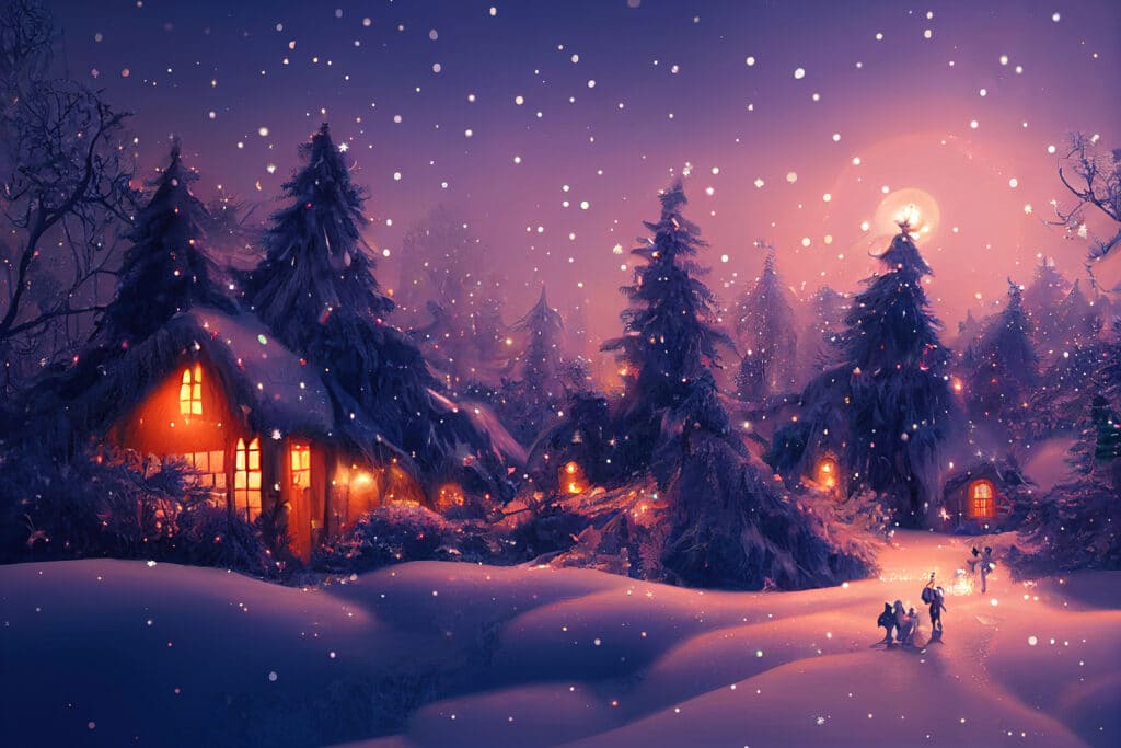 Cozy winter cabin in snowy forest with warm lights and snowfall under a full moon, creating a serene and magical holiday scene.