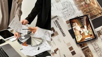 Designers collaborating over architectural plans and mood boards, using color swatches and a tablet for interior design inspiration.