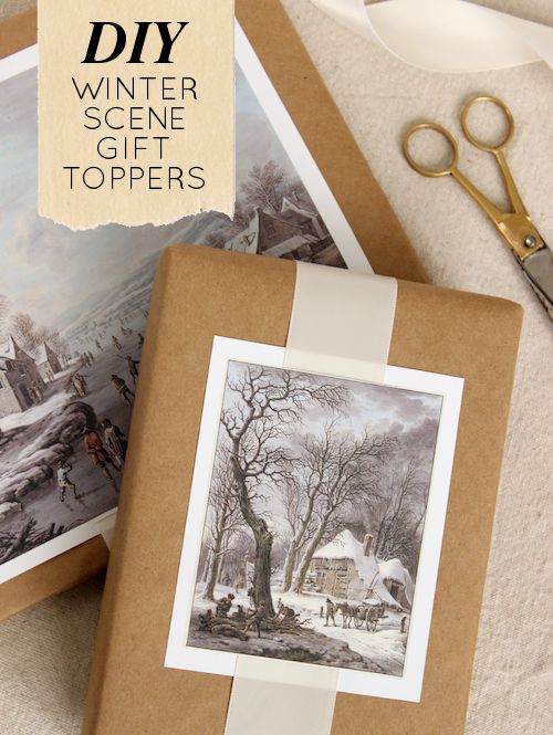 Design_Sponge DIY winter scene gift toppers on brown wrapped presents with vintage snowy landscape artwork, scissors, and ribbon. Perfect for seasonal decor. | Sky Rye Design DIY winter scene gift toppers on brown wrapped presents with vintage snowy landscape artwork, scissors, and ribbon. Perfect for seasonal decor.