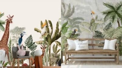Tropical jungle-themed wallpaper featuring giraffes, exotic birds, and lush greenery in a stylish interior setting.