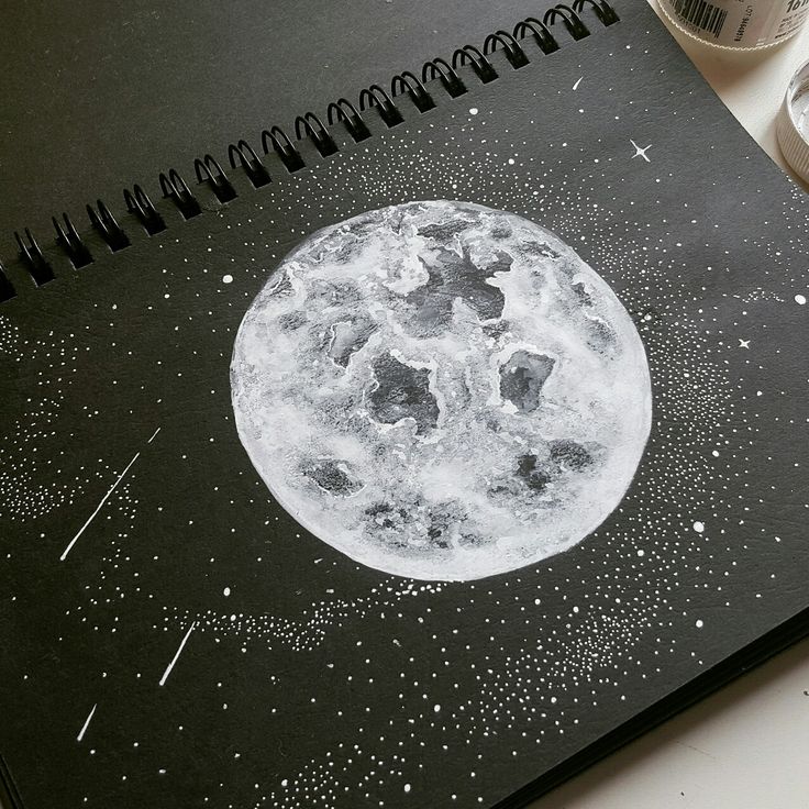 Intricate moon sketch on black paper with white stars and dots, capturing a detailed lunar surface and night sky ambiance.