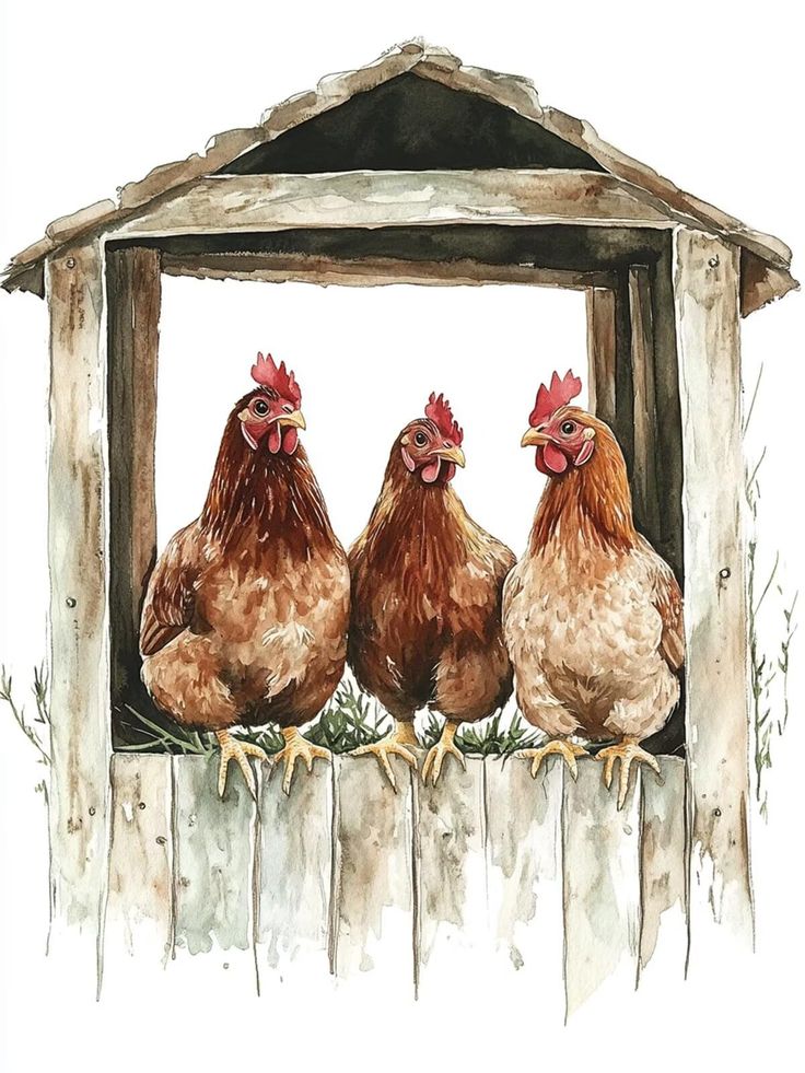 Three hens perched inside a rustic wooden structure, illustrating rural life and farm-themed art in watercolor style.