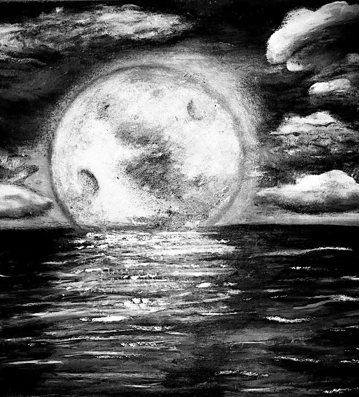 Full moon illuminating the ocean with clouds in a black and white surreal scene, reflecting light on the water's surface.