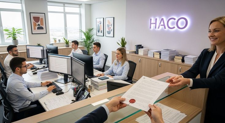 Modern office setting with employees working at computers under a HACO sign, while a woman hands a document across a reception desk.