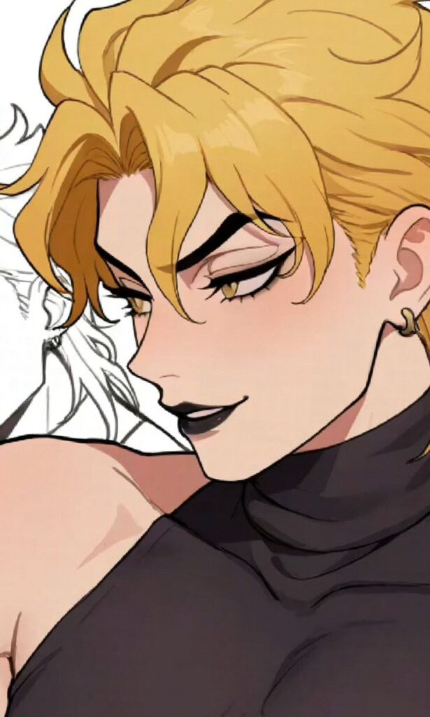 Dio brando jojos bizarre adventure Stylish anime character with blonde hair and confident expression, dressed in a black turtleneck. Elegant and bold design. | Sky Rye Design Stylish anime character with blonde hair and confident expression, dressed in a black turtleneck. Elegant and bold design.
