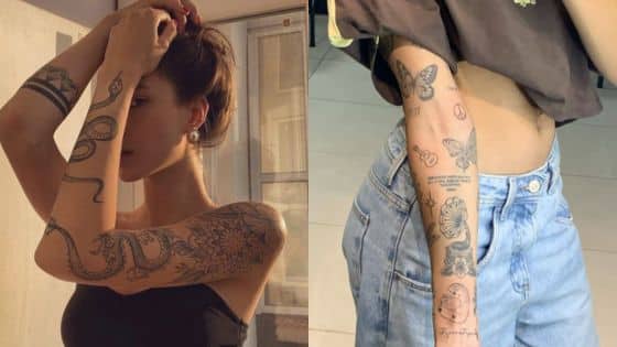 Discover Elegant Classy Arm Tattoos for Inspire Next Ink Two women with detailed arm tattoos, including a snake, floral designs, butterflies, and text, showcasing diverse tattoo art styles. | Sky Rye Design Two women with detailed arm tattoos, including a snake, floral designs, butterflies, and text, showcasing diverse tattoo art styles.