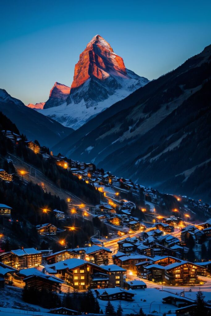 Scenic mountain village at dawn with snow-covered rooftops and illuminated streets, prominent peak in background.