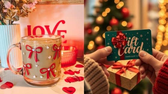 Discover the Best Gift Ideas for Festive coffee mug with red bows beside candles and a Christmas gift card against a decorated tree. Perfect for holiday vibes and gifting ideas. | Sky Rye Design Festive coffee mug with red bows beside candles and a Christmas gift card against a decorated tree. Perfect for holiday vibes and gifting ideas.