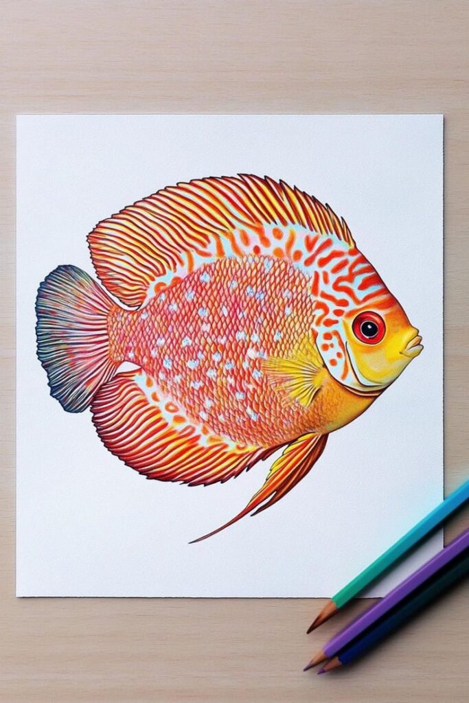 Vibrant colored pencil drawing of a tropical fish on white paper, featuring bold orange and blue patterns; three colored pencils nearby.
