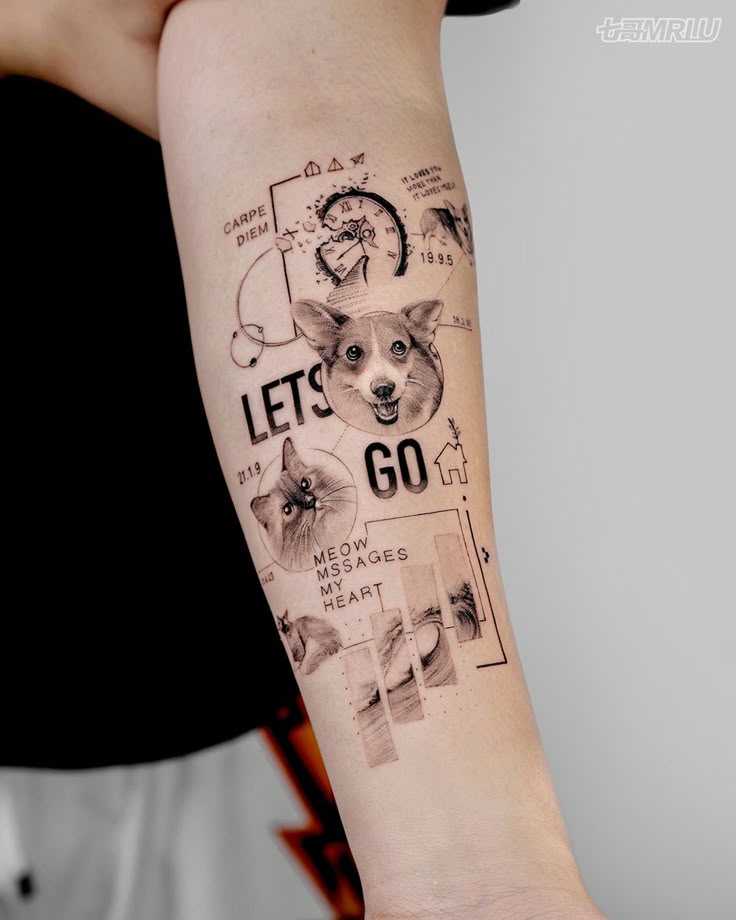 Dogs and Cats Tattoo _ Seagull _ MrLu Tattoo _ ig mrlu_tattoo _ Guangzhou _ Hong Kong Arm tattoo with dog and cat portraits, clocks, and motivational text, including Let's Go and Carpe Diem. | Sky Rye Design Arm tattoo with dog and cat portraits, clocks, and motivational text, including Let's Go and Carpe Diem.
