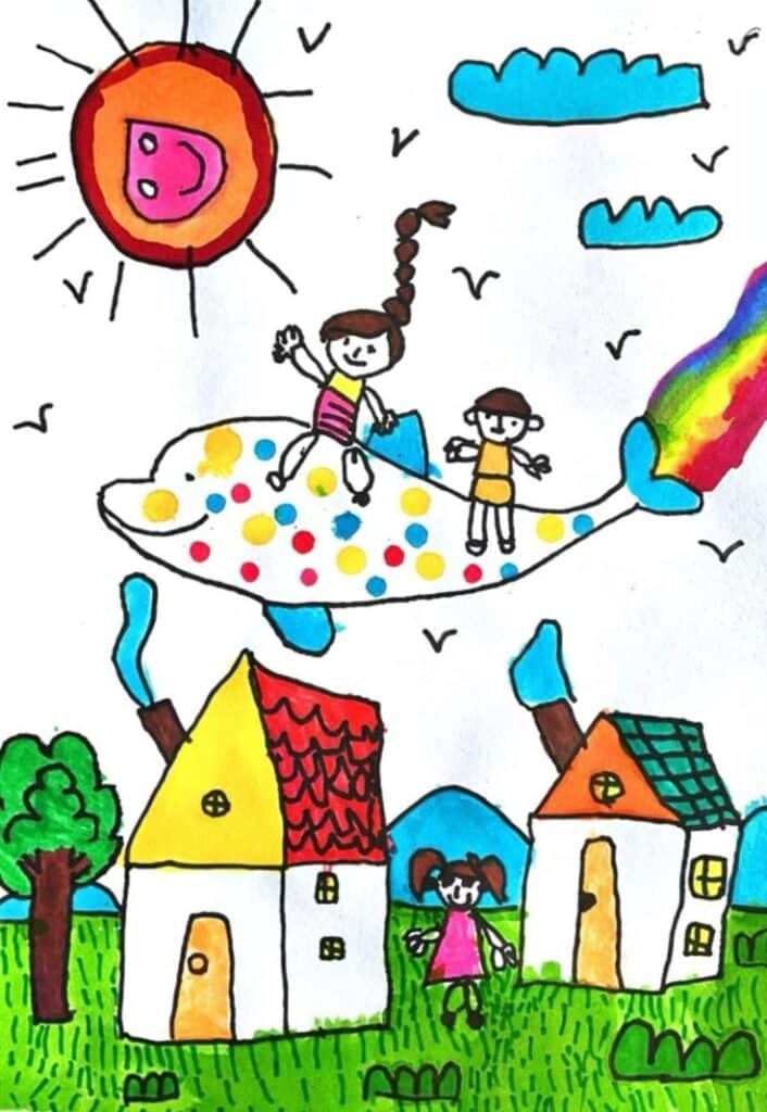 Children riding a colorful, polka-dotted whale with a rainbow tail in a whimsical, sunny landscape with houses and trees.