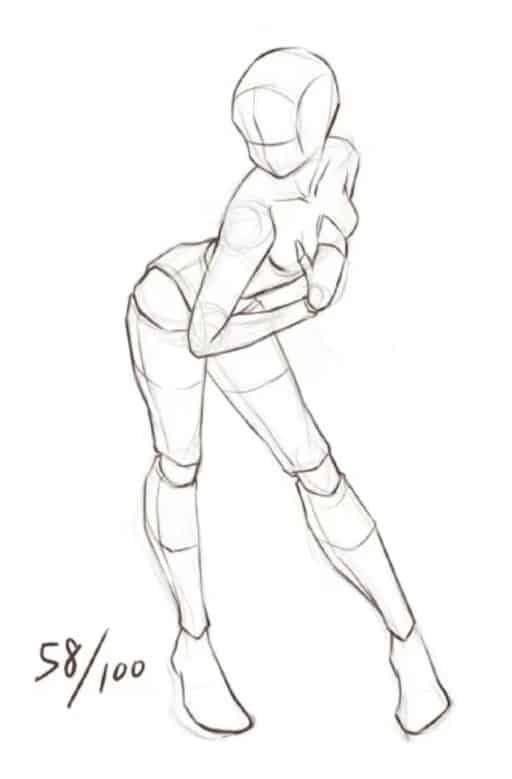 Dynamic sketch of a humanoid model in a bending pose, showcasing figure drawing techniques and anatomy study, signed 58/100.
