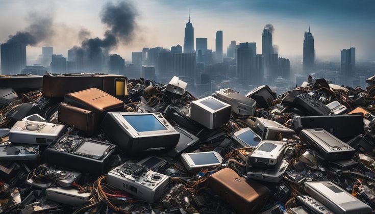 E-waste Management_ Challenges and Solutions Pile of electronic waste with cityscape background, highlighting urban e-waste challenges and environmental impact. | Sky Rye Design Pile of electronic waste with cityscape background, highlighting urban e-waste challenges and environmental impact.