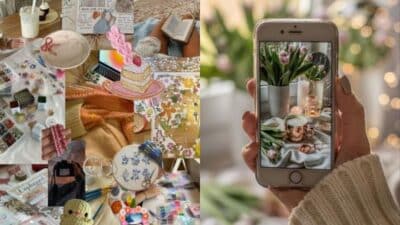 Craft materials and festive decor collage; hand holding phone with tulip arrangement and candles in focus. Cozy creativity.