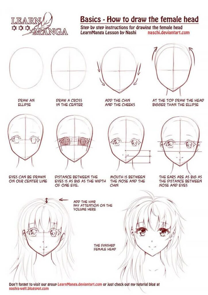 Step-by-step guide on drawing a female manga head, from basic shapes to detailed facial features and hair, by LearnManga.