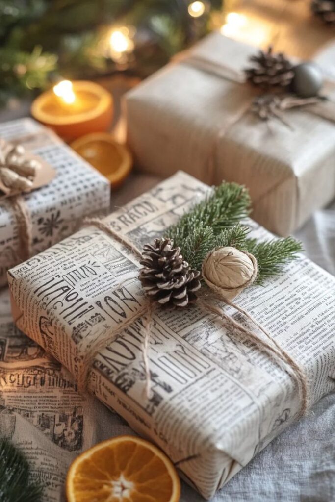 Eco-Friendly Gift Wrapping Ideas Eco-friendly Christmas gifts wrapped in newspaper with pinecones and rustic twine, surrounded by candles and dried orange slices. | Sky Rye Design Eco-friendly Christmas gifts wrapped in newspaper with pinecones and rustic twine, surrounded by candles and dried orange slices.