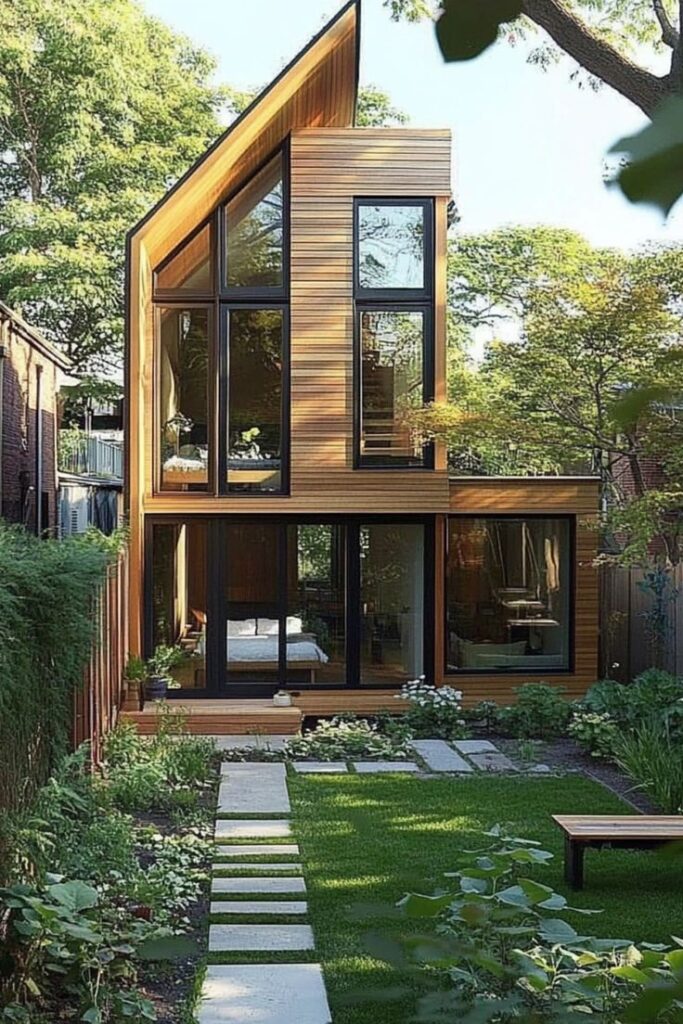 Eco-Friendly Home_ Energy-Saving Design Secrets Modern wooden house with large windows and lush garden path, showcasing contemporary architecture and nature harmony. | Sky Rye Design Modern wooden house with large windows and lush garden path, showcasing contemporary architecture and nature harmony.
