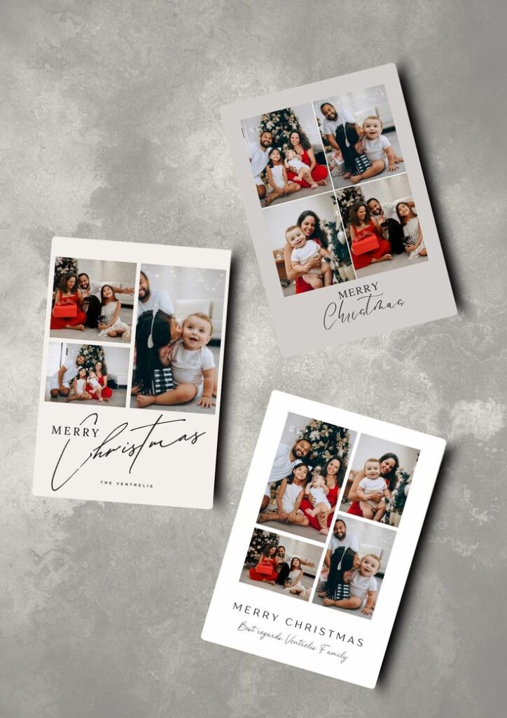 Holiday photo collage featuring a family celebrating Christmas with smiles and joy, surrounded by festive decorations and a tree.