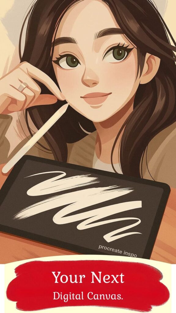 Illustrated woman using digital tablet with pen, showcasing creativity in art. Text reads Your Next Digital Canvas.
