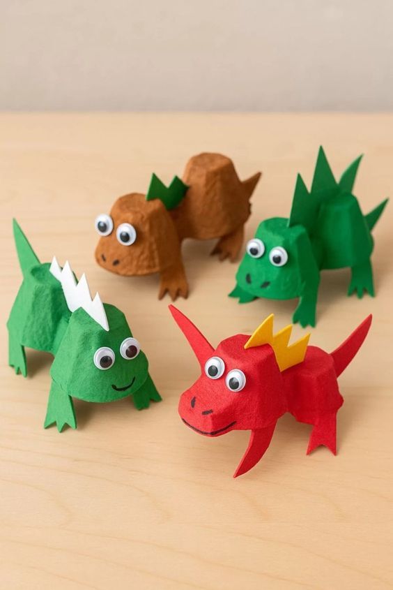 Egg Carton Crafts for Kids_ 10 Creative Ways to Upcycle Colorful dinosaur crafts made from egg cartons with googly eyes on a wooden table, perfect for kids' DIY creative projects. | Sky Rye Design Colorful dinosaur crafts made from egg cartons with googly eyes on a wooden table, perfect for kids' DIY creative projects.