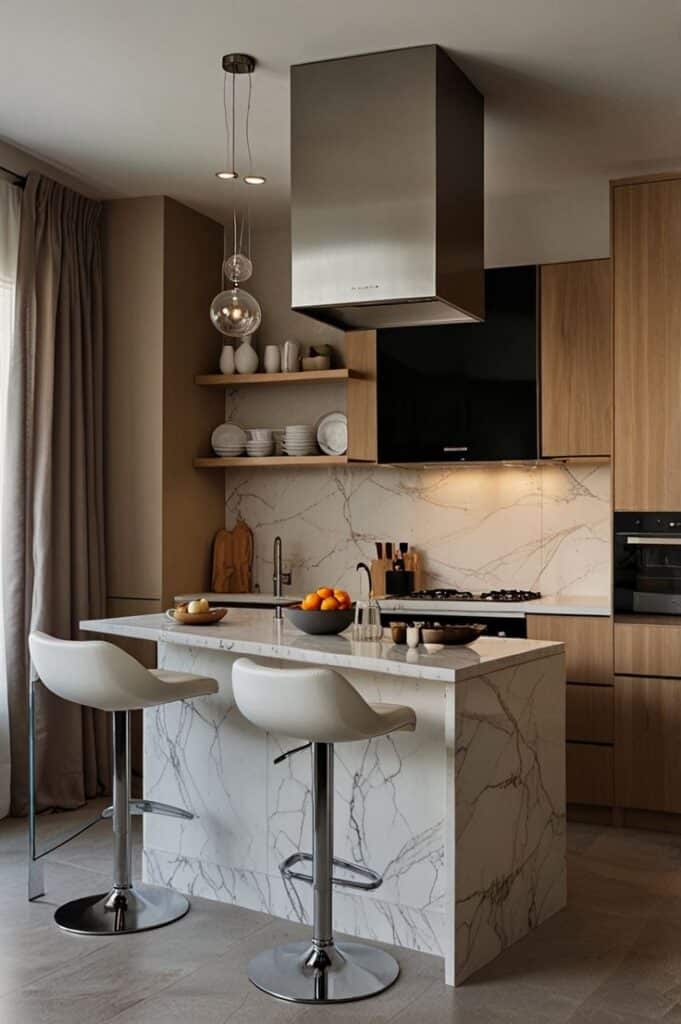 Modern kitchen with marble island, wooden cabinets, and sleek stools. Elegant lighting enhances the warm, contemporary design.