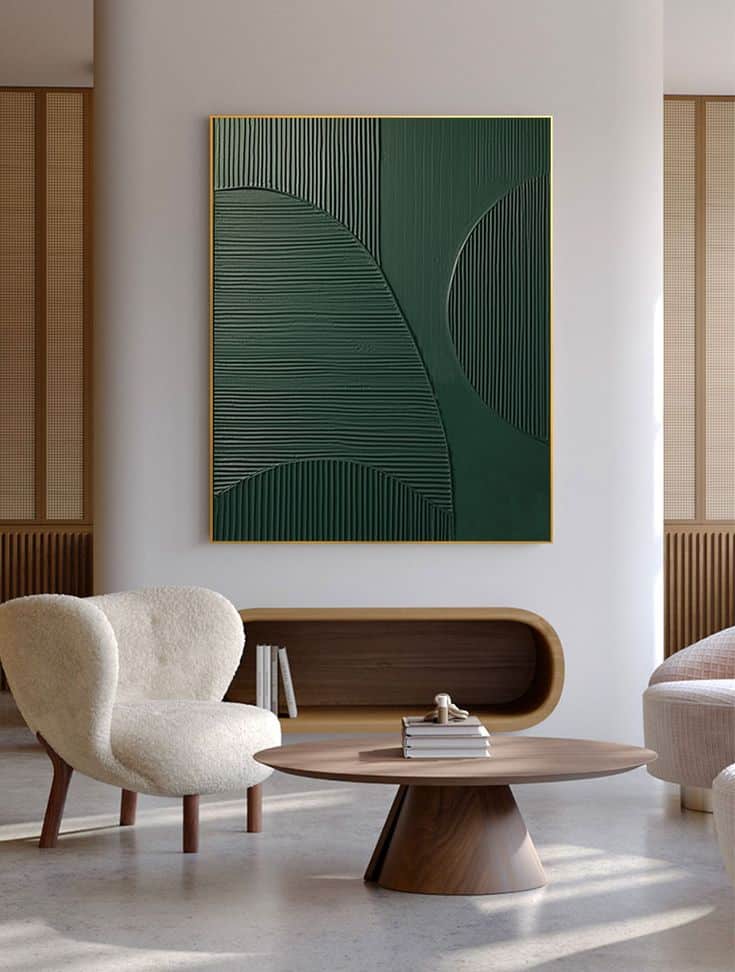 Emerald Balance-Textured Abstract Geometric Wall Art - 48x 32_ 122 x 81 CM _ Stretch+Silver Frame Minimalist living room with abstract green wall art, cozy armchair, and wooden coffee table in bright, modern decor. | Sky Rye Design Minimalist living room with abstract green wall art, cozy armchair, and wooden coffee table in bright, modern decor.