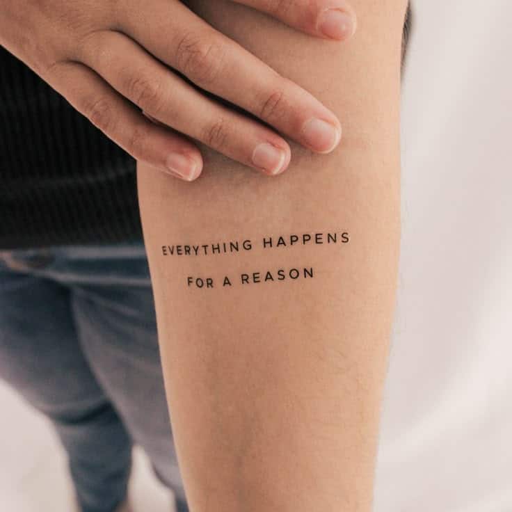Everything Happens For A Reason Temporary Tattoo Set of 3 Close-up of an arm with a tattoo reading Everything happens for a reason, symbolizing life's unpredictable journey and personal growth. | Sky Rye Design Close-up of an arm with a tattoo reading Everything happens for a reason, symbolizing life's unpredictable journey and personal growth.