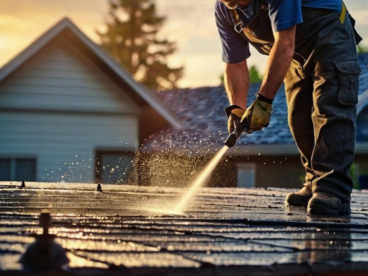 Worker power-washing a roof at sunset, ensuring optimal roof maintenance and cleanliness. Home improvement and roof care concept.