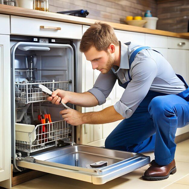 Technician repairing a dishwasher in a modern kitchen, wearing blue overalls and using tools.